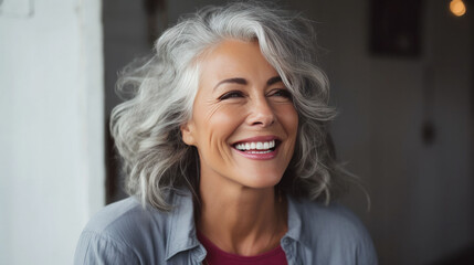 Radiant mature woman with wavy silver hair beams with delight in a cozy indoor setting. Her infectious smile and impeccable skin are a testament to her skincare regimen and beauty cosmetics.  - obrazy, fototapety, plakaty