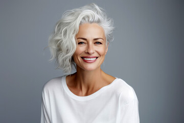 Fototapeta premium A Gorgeous Senior Model Woman in Her 50s with Graceful Grey Hair Radiates Happiness, Laughing and Smiling. A Close-Up Portrait Captures Her Healthy Face, Reflecting Skincare Cosmetics and Beauty.