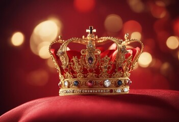 Illustration of Royal golden crown with jewels on golden pillow on red background Symbols of UK Uni
