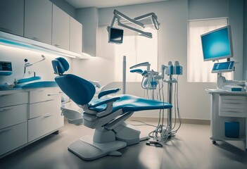 Modern Dental Clinic Dentist chair and other accessories used by dentists in blue medical light