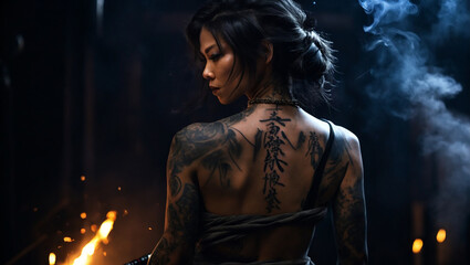 woman with saber in hand, bare back, tattoos, Japanese features, night black background, cinematography, smoke,	
