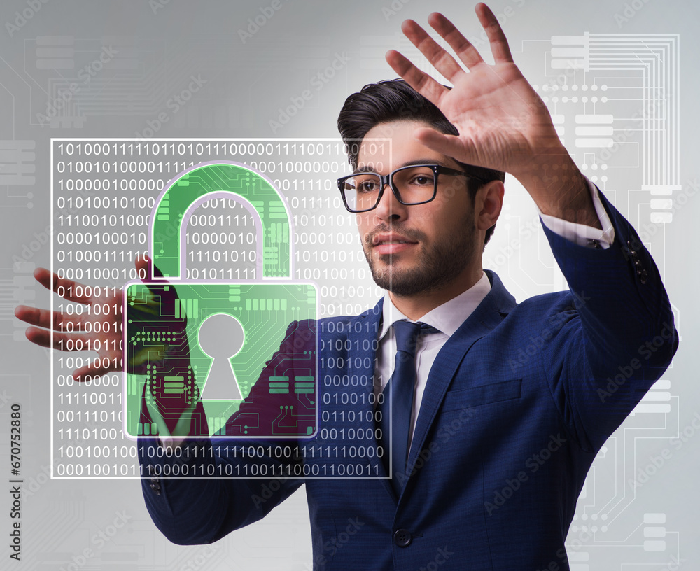 Aufkleber man in digital security concept pressing button