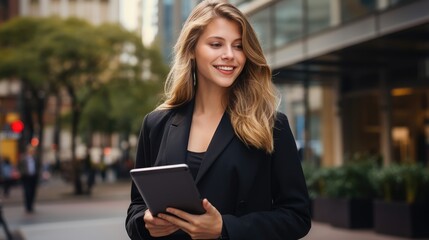 businesswoman stays working online with her tablet while she go outside.  