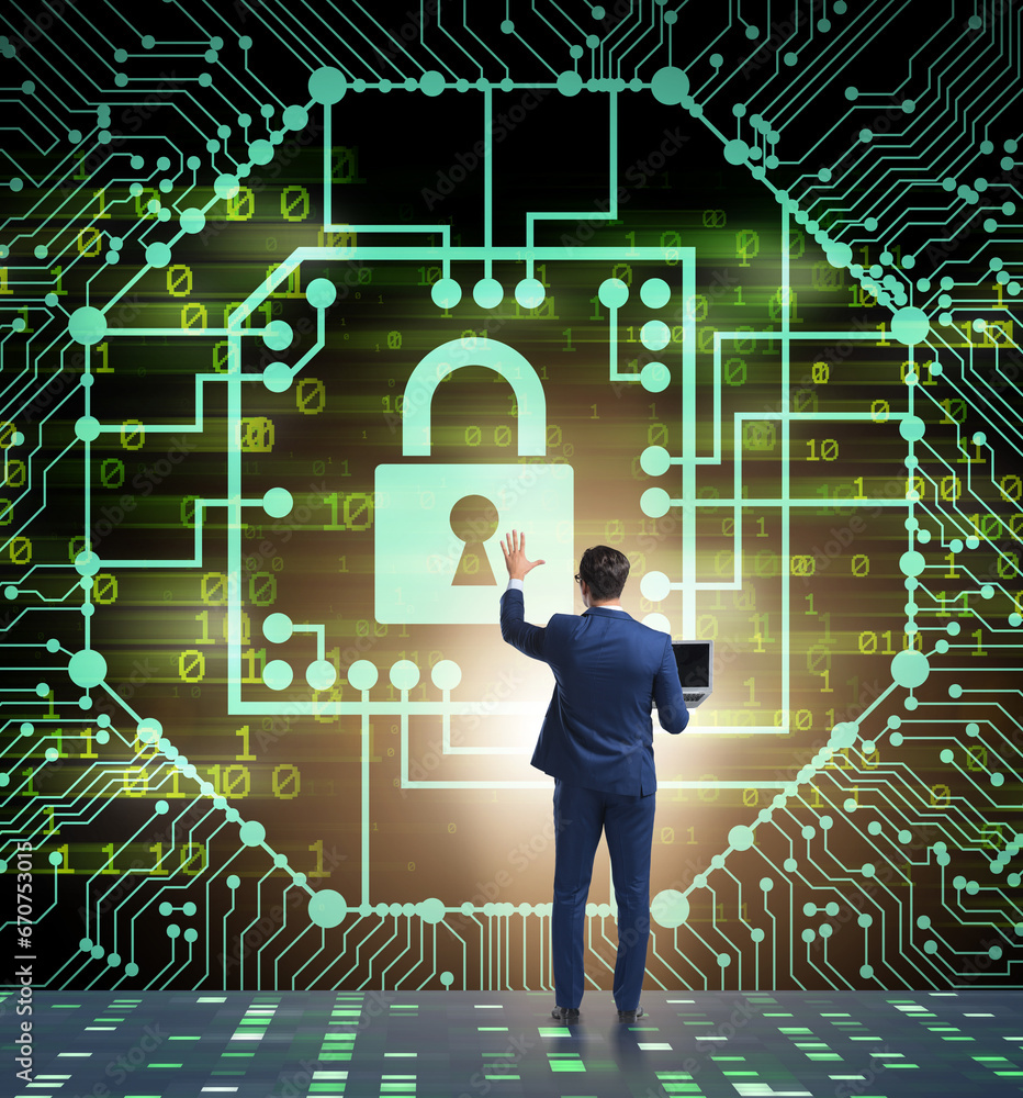 Aufkleber man in digital security concept pressing button