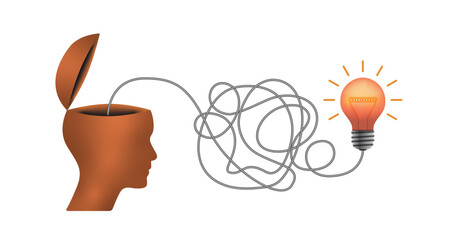 3d head, light bulb, haywire cable, business idea vector design. Business concept design to use in idea, brainstorm, learning, strategy, thinking, inspiration, teamwork projects. 