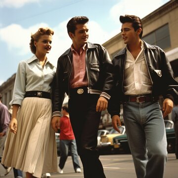 People fashion clothing 1950, 1960 in the style of iconic rock and roll imagery, Times of driving music, trendy hairstyles, stylish clothes, daring deeds, leather jackets and colorful dresses .
