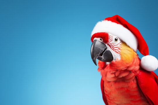 Cute little festive parrot wearing a Father Christmas santa hat