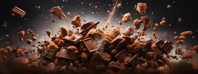 Chocolate bar piece explosion chunk candy broken isolated milk cocoa fly white background. Break bar chocolate fall air food chip snack dark piece dessert black ingredient burst parts cacao sweet. - Powered by Adobe