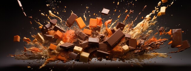 Chocolate bar piece explosion chunk candy broken isolated milk cocoa fly white background. Break...
