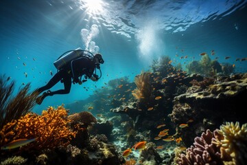 a marine biologist in a diving suit conducting research on a vibrant coral reef - obrazy, fototapety, plakaty