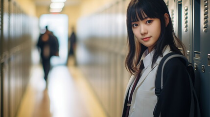 学校の廊下にたたずむ女子高生