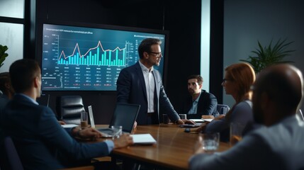 In a sleek conference room, a businessman wearing glasses and a crisp white shirt discusses charts displayed on a big screen to a diverse group.