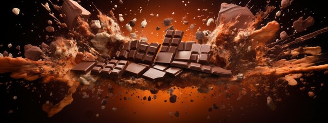 Chocolate bar piece explosion chunk candy broken isolated milk cocoa fly white background. Break...