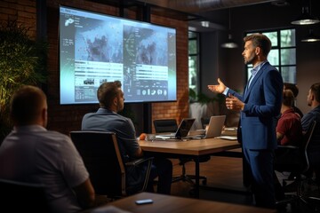 A professional man, in a blue suit, presents data on large screens to a group of attentive colleagues in a modern, well-lit office space.