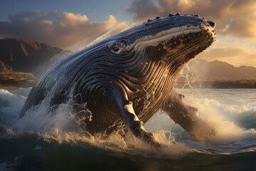 A humpback whale breaching the ocean's surface. - obrazy, fototapety, plakaty