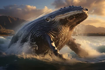 Muurstickers A humpback whale breaching the ocean's surface. © Hunman