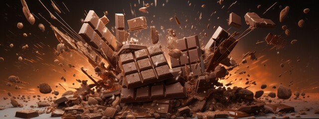 Chocolate bar piece explosion chunk candy broken isolated milk cocoa fly white background. Break bar chocolate fall air food chip snack dark piece dessert black ingredient burst parts cacao sweet. - obrazy, fototapety, plakaty