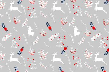 New year or winter composition. Christmas pattern with deer, goat and frozen wild berries in winter. Xmas background for your text or wrapper, paper, banner, textile, fabric