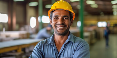 Latino worker, factory blurred background