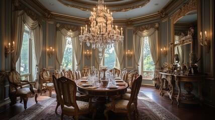 Fototapeta na wymiar Interior design inspiration of Traditional Glamorous style home dining room loveliness decorated with Velvet and Gold material and Chandelier .Generative AI home interior design .