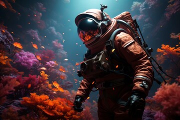 Naklejka premium A marine biologist in a diving suit conducting research on a vibrant coral reef.