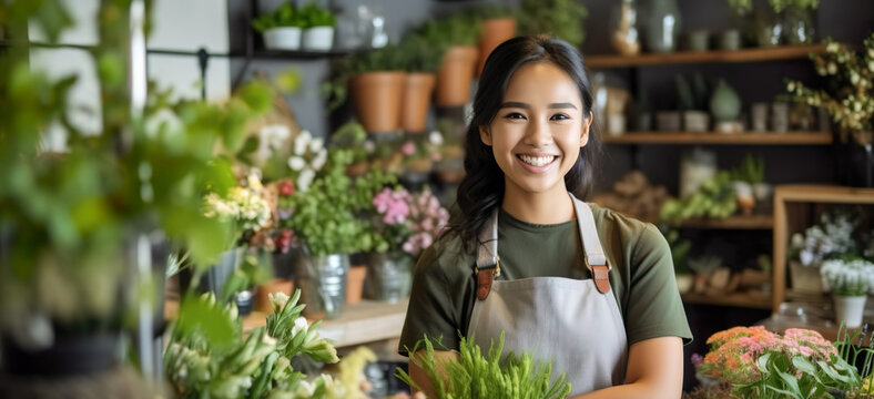 Latina florist, worker, smiling at the camera, workplace