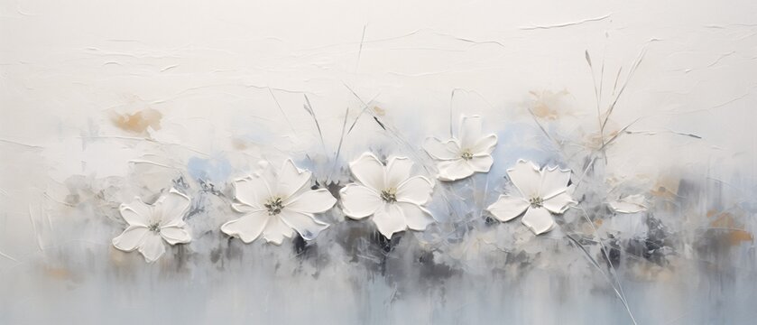 Blooming white flowers painted in thick impasto style layers of paint with visible palette knife marks and broad brush strokes, minimalist abstract spring splendor.  