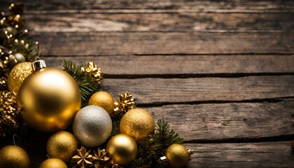 Red and gold Christmas ornament corner border banner. Above view on a rustic wood background.