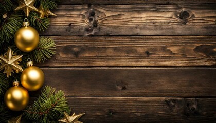 Red and gold Christmas ornament corner border banner. Above view on a rustic wood background.