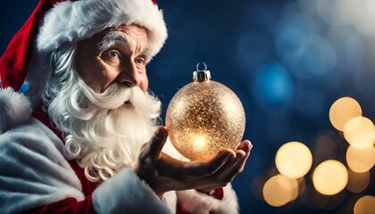 Happy Santa Claus holding glowing christmas ball over defocused blue background with copy space