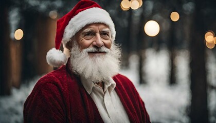 Generative AI image of portrait of smiling senior man in Santa Claus hat with long white beard looking at camera against dark background
