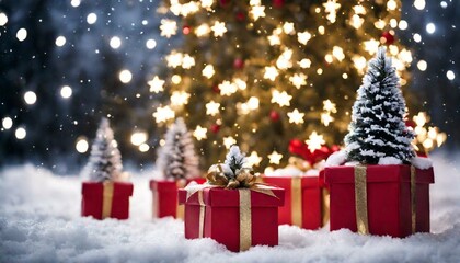 Illuminated christmas trees with red and golden garlands into a forest with snowy flakes with shape of stars close to xmas gifts in red boxes , Generative AI