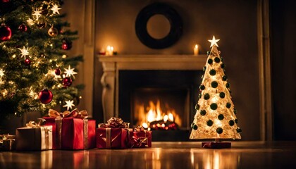 Illuminated christmas trees with red and golden garlands into a forest with snowy flakes with shape of stars close to xmas gifts in red boxes , Generative AI