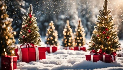Illuminated christmas trees with red and golden garlands into a forest with snowy flakes with shape of stars close to xmas gifts in red boxes , Generative AI