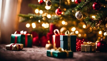 Christmas decoration composition on light gold background with beautiful Golden gift box with red ribbon, fir branches, cones, stars, Christmas cookies,cinnamon, top view, copy space, banner