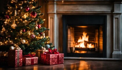 Illuminated christmas trees with red and golden garlands into a forest with snowy flakes with shape of stars close to xmas gifts in red boxes , Generative AI