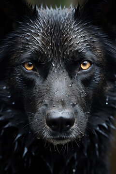 Close-up of a black wolfs face, with wet fur