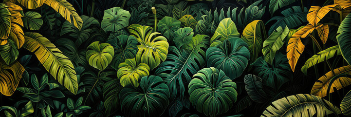 Lush Green Tropical Monstera Leaves, banner wallpaer