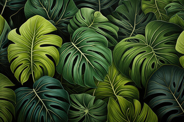 Fototapeta na wymiar Lush Green Tropical Monstera Leaves, print background