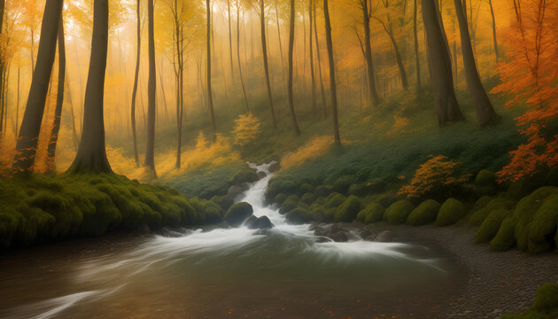 Abstract composition of a river in the forest can be used with wallpaper, autumn celebration, Landscape concept, generative ai	