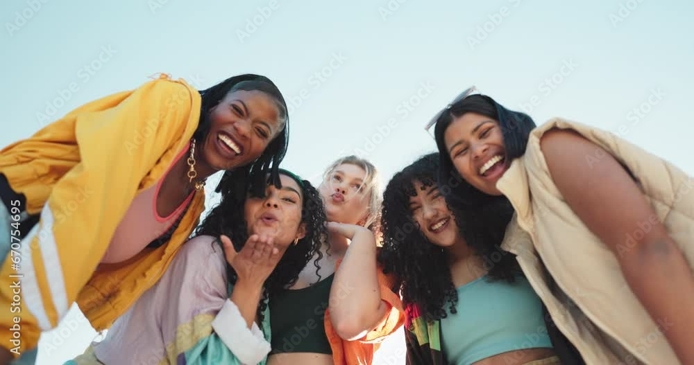 Wall mural Friends, peace sign and face of group of women outdoors with trendy clothes, cool outfit and style on blue sky. Fashion, diversity and portrait of people for bonding on holiday, vacation and weekend