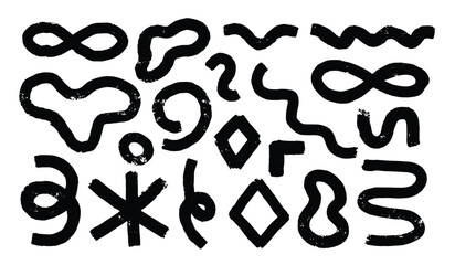 Various trendy contemporary modern  shapes and doodles. Hand drawn black textured abstract elements isolated on white background. Vector illustration