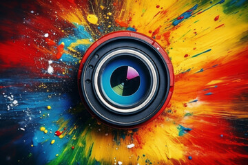 Colorful abstract background with lens. An eye for beauty and art. Vibrant colors, concept photography and creativity.