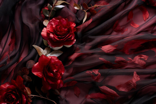 Dark elegant wallpaper made of red and black tulle fabric with vibrant red flowers. Aesthetic fashion, passion and love background. 