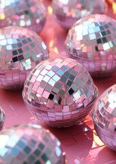 Pastel pink disco balls background. Concept of New Year celebration, party. Y2K retro aesthetic.