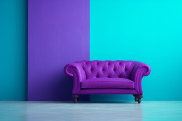 Minimalist interior. A purple vintage armchair in front of a turquoise wall.