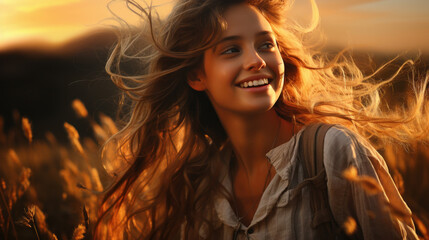 Sunset Bliss: A Photo-Realistic Portrait of a Young Woman. Generative AI