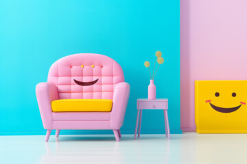 Interior in pastel yellow, pink and blue. Minimalism.