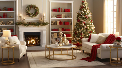 Interior design of a cozy living room with fireplace and christmas tree