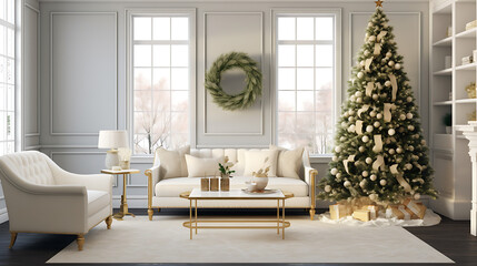 Interior design of a cozy living room in modern Christmas theme with christmas tree